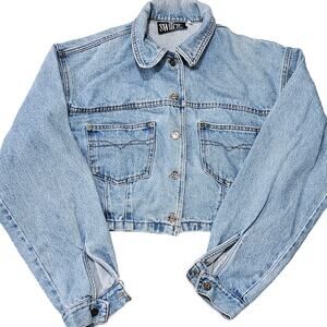 Vintage  Switch Blue Jean Cropped Jacket Puffed Sleeves Size L Made in U.S.A
